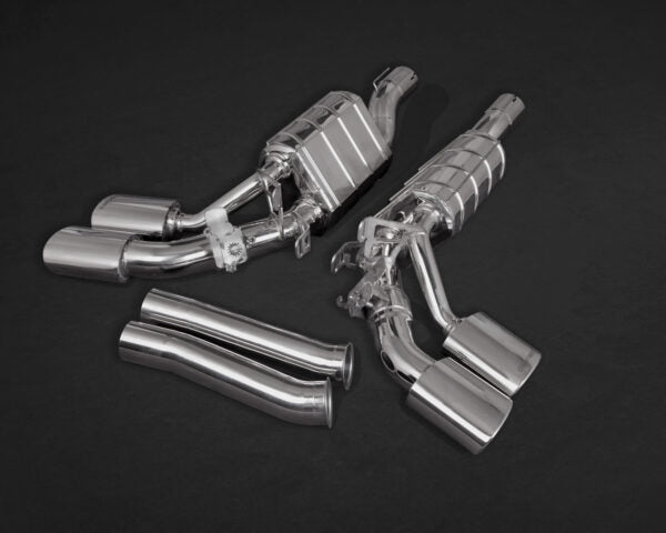top view of Capristo ECE Valved Dual Mufflers (for OE Valves) for Mercedes AMG G63 (W463A) 4L BiTurbo 2019+ with black background