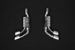 wide view of Capristo ECE Valved Dual Mufflers (CES3) for Mercedes AMG G550/G500 (W463A) 4L BiTurbo 2019+ with black background