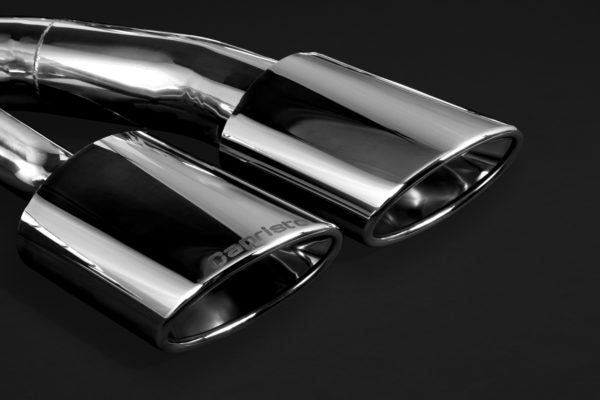 close view of Capristo ECE Valved Dual Mufflers (CES3) for Mercedes AMG G550/G500 (W463A) 4L BiTurbo 2019+ with black background