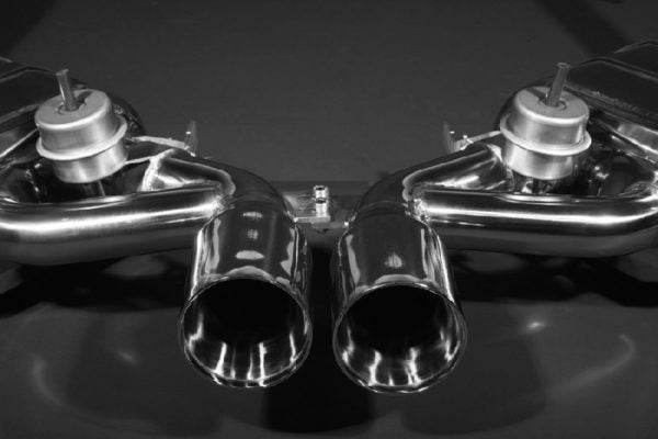 close front view of Capristo Racing Valved Exhaust with Headers and Cat Delete (CES3) for Porsche 987 MK1 Cayman 2005-2009 with black background