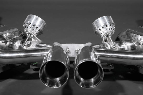 close front view of Capristo Racing Valved Exhaust with Headers and Cat Delete (CES3) for Porsche 987 Boxster/Cayman MK2 2005-2012 with black background