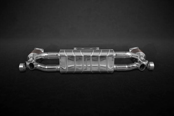 Wide front view of Capristo Valved Exhaust and 250 Cell Sports Cats (CES3) For Porsche 991.1/2 Turbo / S 2016-2019 black background