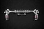 Wide front view of Capristo Valved Exhaust and 250 Cell Sports Cats (CES3) For Porsche 991.1/2 Turbo / S 2016-2019 black background