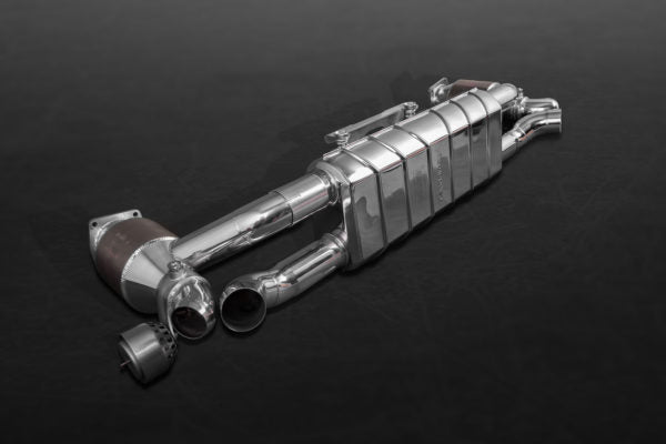 Wide side view of Capristo Valved Exhaust and 250 Cell Sports Cats (CES3) For Porsche 991.1/2 Turbo / S 2016-2019 black background