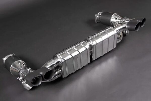 Close side view of Capristo Valved Exhaust with 250 Cell Sports Cats (CES3) for Porsche 997.1 Turbo/S/GT2/2RS 2006-2013 with black background