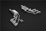 wide view of Capristo ECE Valved Triple Mufflers (CES3) for Mercedes AMG G550/G500 (W463A) 4L BiTurbo 2019+ with black background