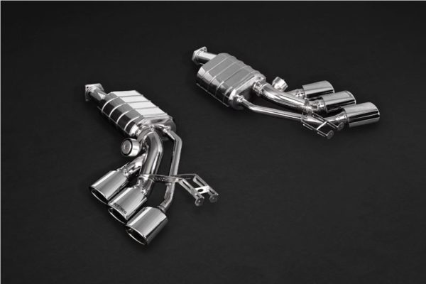 wide view of Capristo ECE Valved Triple Mufflers (CES3) for Mercedes AMG G550/G500 (W463A) 4L BiTurbo 2019+ with black background