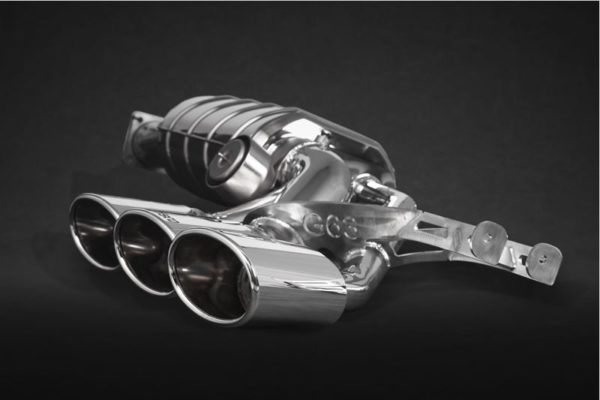 close side view of Capristo ECE Valved Triple Mufflers (CES3) for Mercedes AMG G550/G500 (W463A) 4L BiTurbo 2019+ with black background