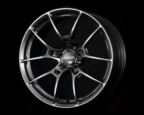 A front view of Volk Racing G025 Wheel 18x8 5x112 44mm Shining Black Metal with black background