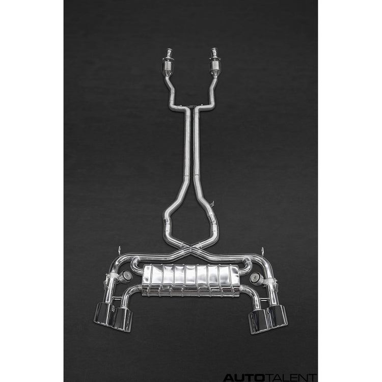 close view of Capristo Exhaust Valved Exhaust with Sports Cats 100 Cell and X Pipe (for OE Actuators) for Jaguar F-Type V8 S 2013-2016 with black background