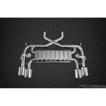 close top view of Capristo Exhaust Valved Exhaust with Sports Cats 100 Cell and X Pipe (for OE Actuators) for Jaguar F-Type V8 S 2013-2016 with black background