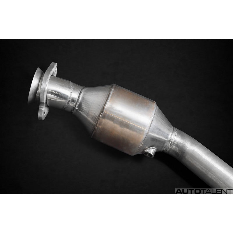 close side view of Capristo Exhaust Valved Exhaust with Sports Cats 100 Cell and X Pipe (for OE Actuators) for Jaguar F-Type V8 S 2013-2016 with black background