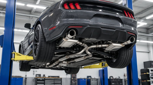 Sports coupe on a two-post lift showing a stainless cat-back exhaust with X-pipe, mufflers and dual tips running from the catalytic converters back