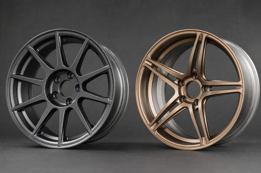 Two lightweight 18-inch aftermarket wheels side by side in a studio, an anthracite 10-spoke wheel and a bronze split 5-spoke wheel