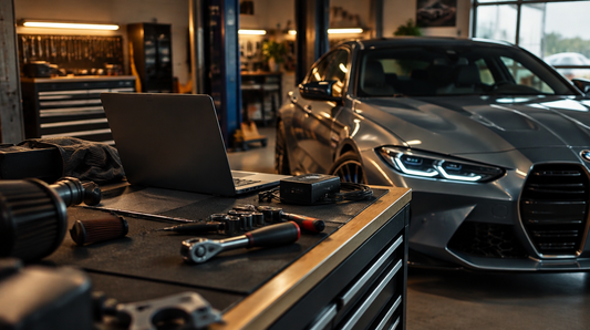 Modern BMW in an enthusiast garage workshop with tuning tools and laptop on the bench for comparing JB4 piggyback and bootmod3 flash tunes