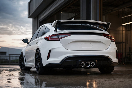 White Honda Civic Type R FL5 rear view with a triple-tip cat-back exhaust, parked on wet pavement at dusk
