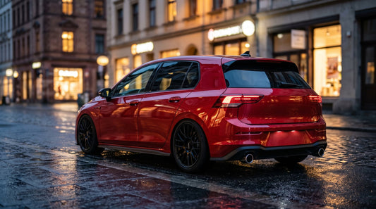 Red Mk8 Volkswagen Golf GTI hatchback on black wheels parked on a wet city street at dusk, dual exhaust tips visible