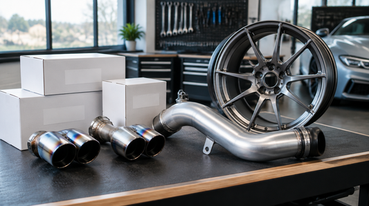 European car parts and performance upgrades laid out on a workshop bench for comparing OE, OEM, and aftermarket options