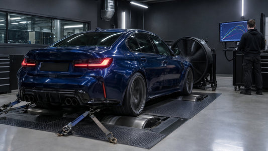 Blue turbocharged sports sedan strapped to a chassis dyno in a tuning shop while a technician watches the power curve on a monitor