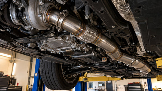 Underside of a turbocharged car on a lift showing a stainless steel aftermarket downpipe with a flex section bolted to the turbocharger outlet