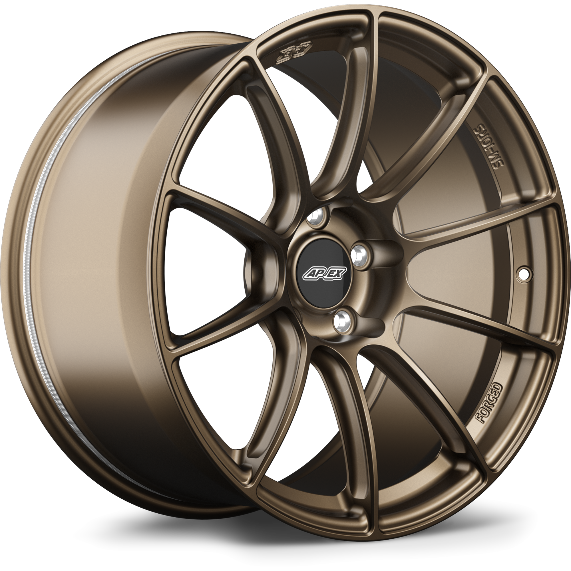 Single bronze-finished forged wheel with ten-spoke design showing face and barrel profile on white background - APEX Wheels wheel for 19x12.5 ET55 5x120.65 - Satin Bronze