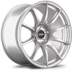 Silver alloy wheel with ten-spoke design, polished finish, and black center cap displayed on white background - APEX Wheels wheel for 19x10 ET38 5x112 - Race Silver