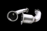 A front view of IPE SS Catless Downpipe for Audi RS4 B9 / RS5 F5 2018-2019 with black background