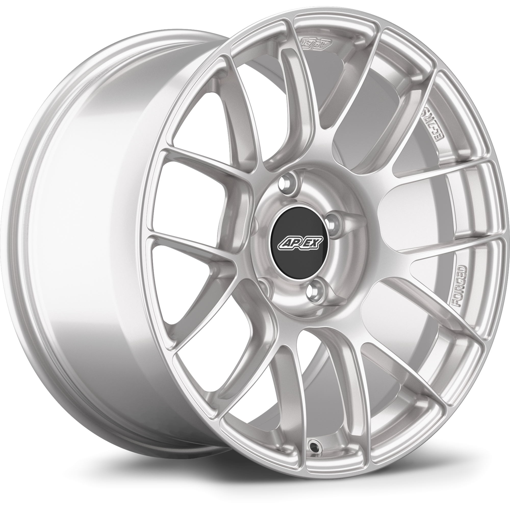 Silver alloy wheel with multi-spoke design, black center cap with logo, showing front face and profile view - APEX Wheels wheel for 18x10 ET36 5x130 - Race Silver