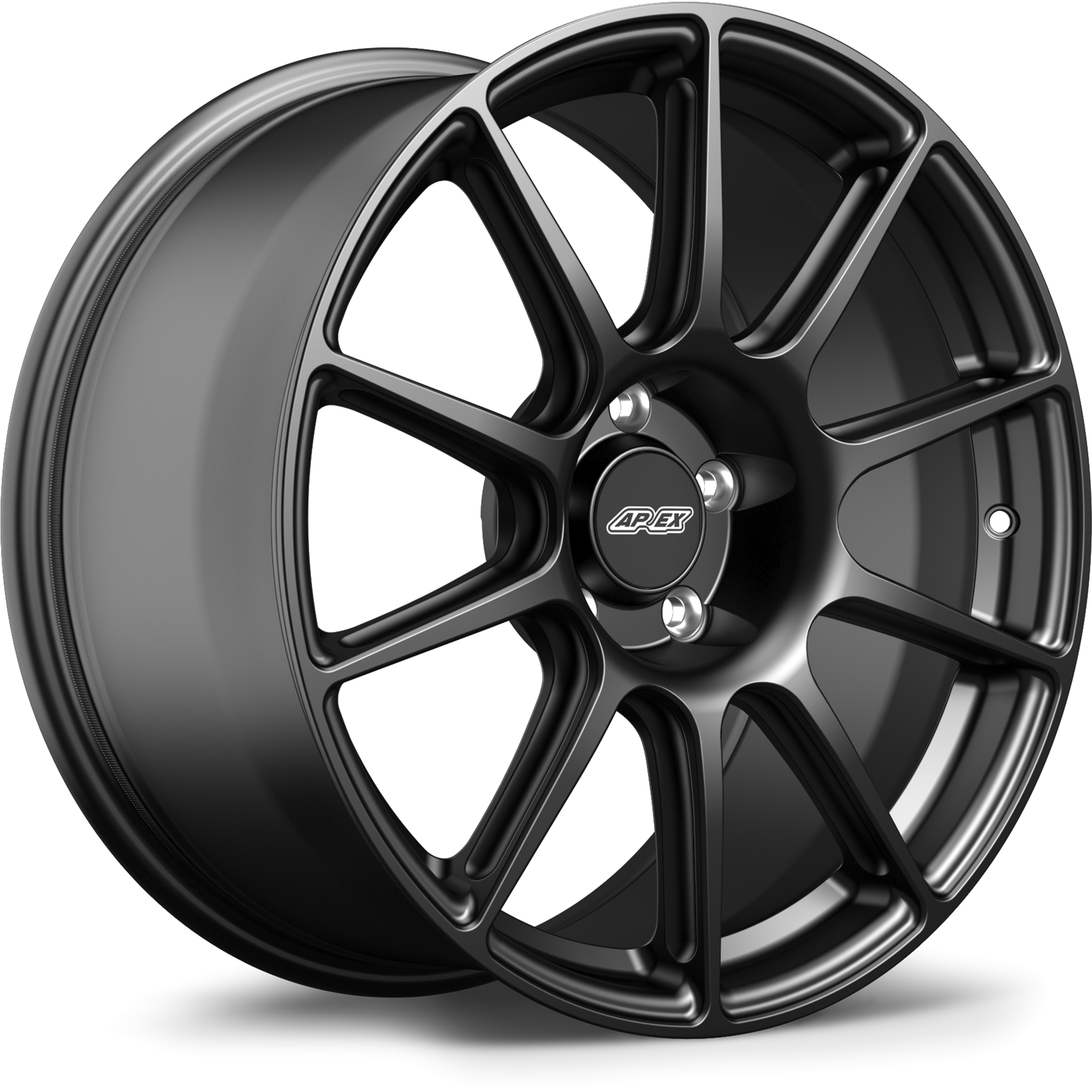 Matte anthracite gray alloy wheel with ten-spoke design and center cap on clean white background - APEX Wheels wheel for 18x9 ET46 5x130 - Satin Black