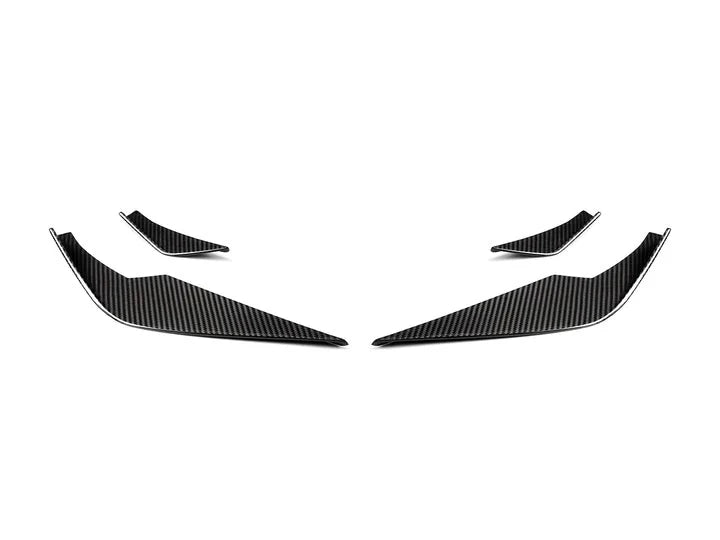 A front wide view of AUTOTECKNIC FRONT BUMPER DRY CARBON CORSA CANARD SET - BMW G80 M3 | G82 M4 2021+ with white background