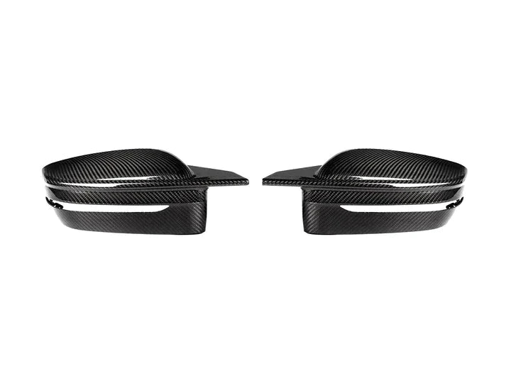 A front view of AUTOTECKNIC G8X STYLE M-INSPIRED VERSION II DRY CARBON MIRROR COVERS - BMW G20 3-SERIES | G22 4-SERIES 2018+ with white background
