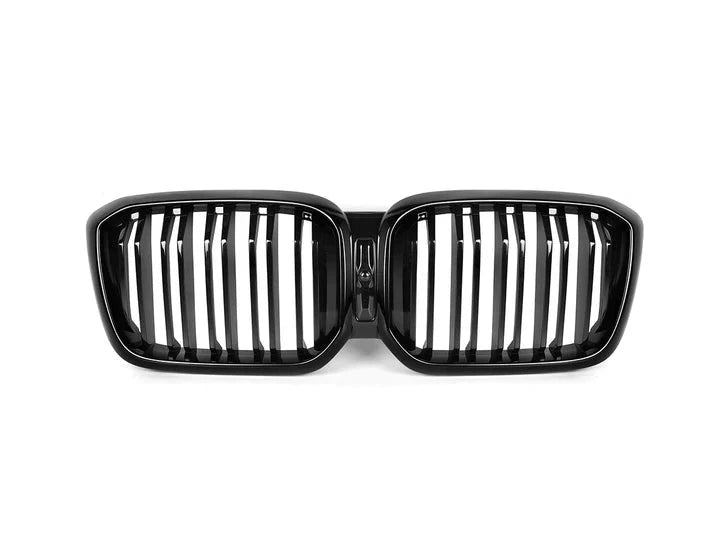 A front view of AUTOTECKNIC PAINTED DUAL-SLAT GLAZING BLACK FRONT GRILLE SET - G01 X3 | G02 X4 LCI 2022+ with white background