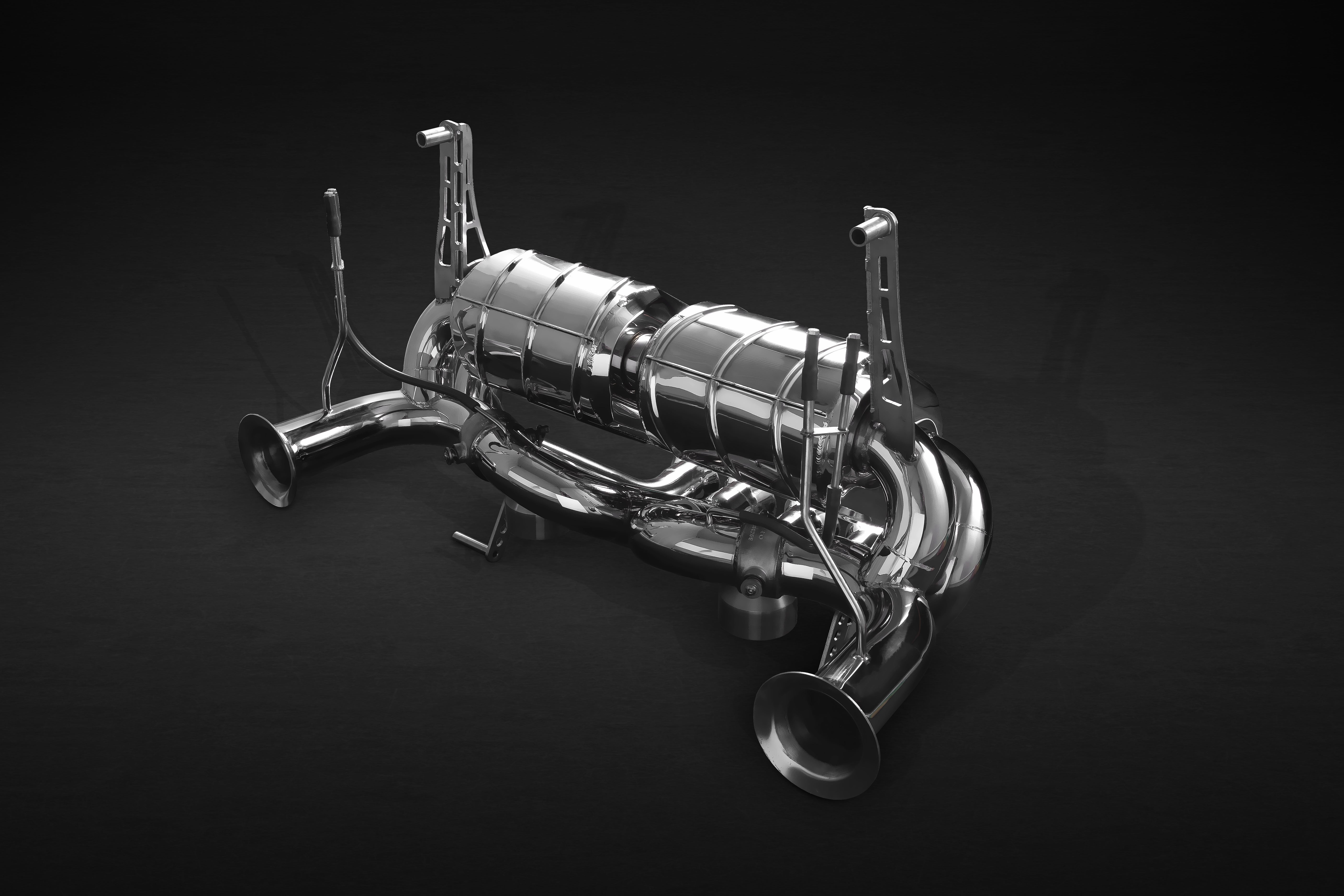 Capristo Aventador LP700 valved exhaust with valves and brackets, angled view