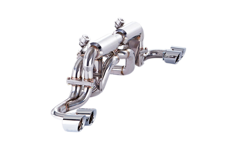 A side wide view of IPE SS Cat-Back Exhaust System with Remote Control for Ferrari 360 Modena / Spider 2000-2004 with white background
