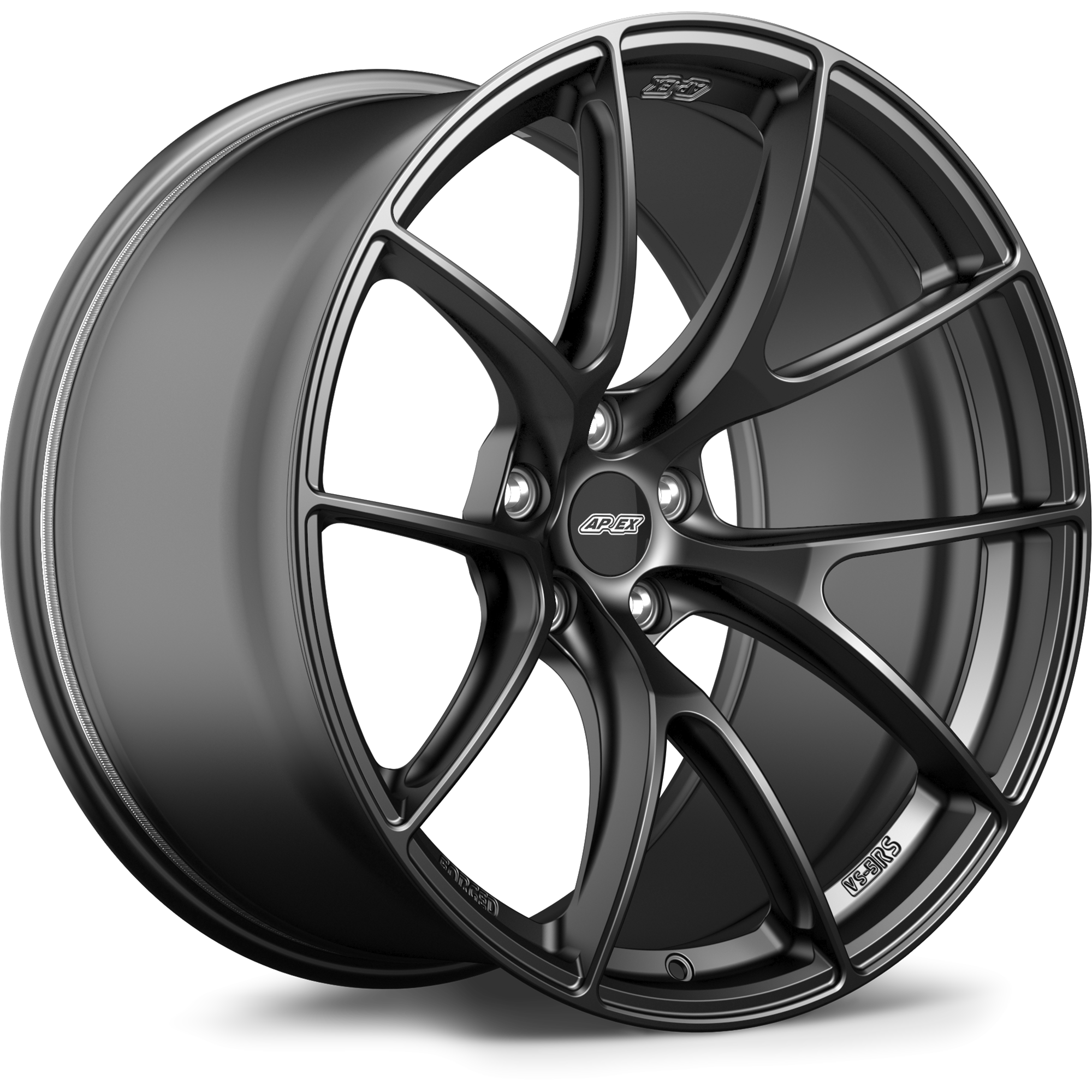 Dark gunmetal alloy wheel with five-spoke design, center cap, and lug bolt holes on white background - APEX Wheels wheel for 20x11 ET18 5x112 - Satin Black
