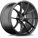 Dark gunmetal alloy wheel with five-spoke design, center cap, and lug bolt holes on white background - APEX Wheels wheel for 20x11 ET18 5x112 - Satin Black