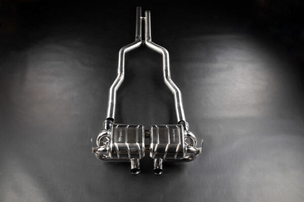 wide view of Capristo Valved Exhaust System for Aston Martin V12 Vantage 2022+ with black background
