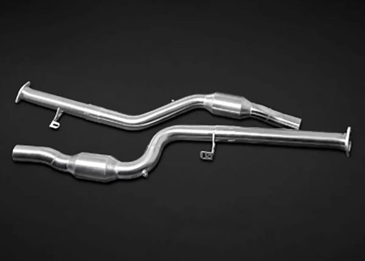 Wide view of Capristo Exhaust 200 Cell OPF/GPF Replacement OEM Muffler BMW M3 / M4 G80/G82 2021-2024 with black background