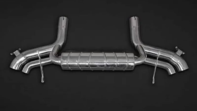wide view of Capristo Valved Exhaust System with Mid Pipes OEM Tips for BMW 850i G15 1991-1992 with black background