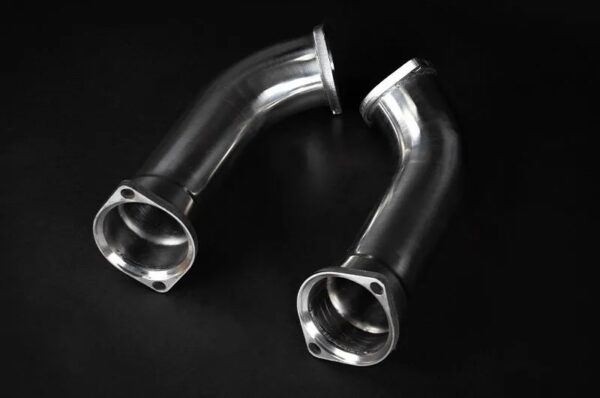 wide view of Capristo Exhaust Secondary Cat Spare Pipes for BMW M8 G15 / M8 G16 Gran Coupe 2019+ with black background