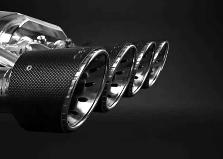 close view of Capristo Valved Exhaust with Post Cat Spare Pipes – Carbon Fiber Tips (CES3) for Chevrolet Corvette (C7) Stingray/Z06 2014-2019 with black background