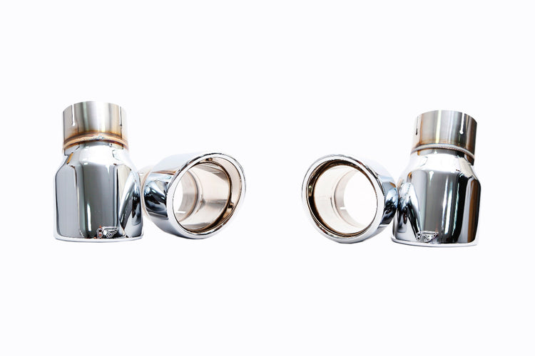 A front wide view of the chrome silver tips of the IPE SS Cat-Back Exhaust System with Remote Control for Audi S3 8V Sedan 2013-2020 with white background