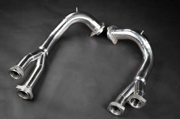 close view of Capristo Primary/PreCat Delete Pipes (for OEM Headers) for Ferrari 512/Testarossa 1969-1991 with grey background