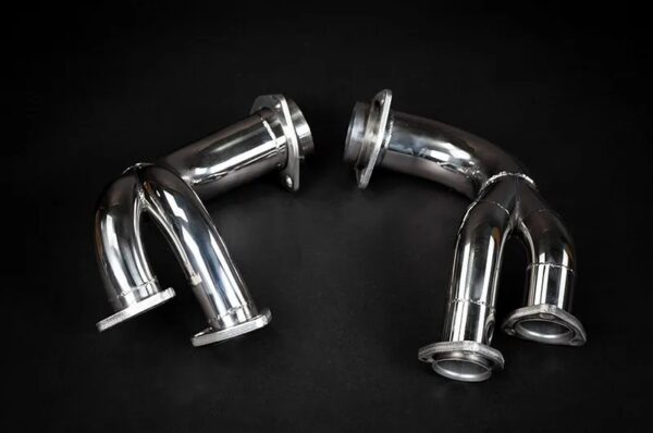 close view of Capristo Headers/Exhaust Manifolds with PreCat Connector Pipes (USA Spec) for Ferrari 512/Testarossa 1969-1991 with black background