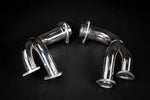 close view of Capristo Headers/Exhaust Manifolds with PreCat Connector Pipes (USA Spec) for Ferrari 512/Testarossa 1969-1991 with black background
