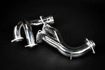 close view of Capristo Headers/Exhaust Manifolds with PreCat Connector Pipes (USA Spec) for Ferrari 512/Testarossa 1969-1991 with black background