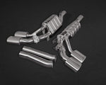 close top view of Capristo Exhaust Valved Dual Mufflers (for OE Valves) for Mercedes AMG G63 (W465) 2024-2025 with black background