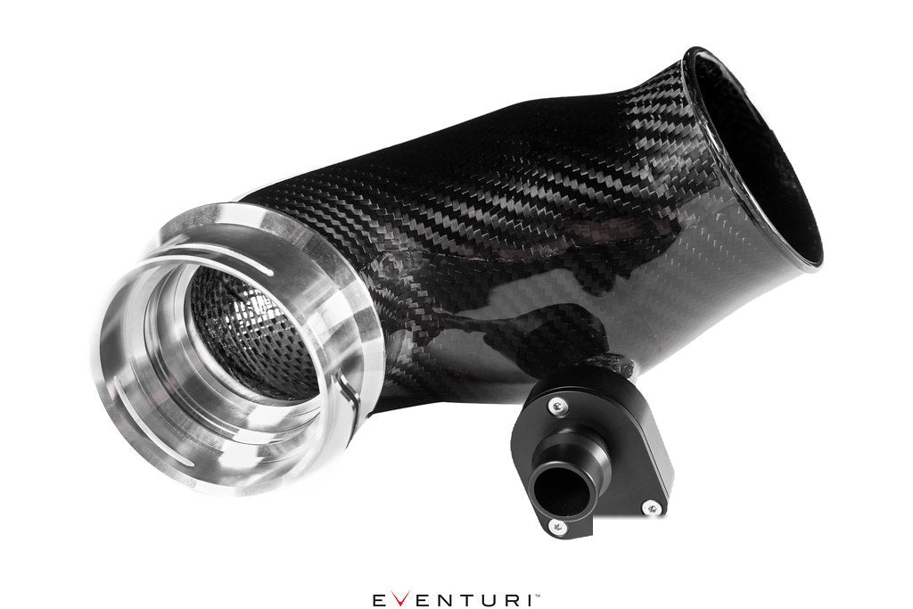Black carbon fiber turbo inlet tube with polished aluminum flange and smaller black connector fitting - Eventuri turbo inlet for BMW F90 M5 F91 F92 F93 M8