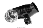 Black carbon fiber turbo inlet tube with polished aluminum coupling flange and smaller black connection fitting - Eventuri turbo inlet set for BMW F90 M5 F91 F92 F93 M8