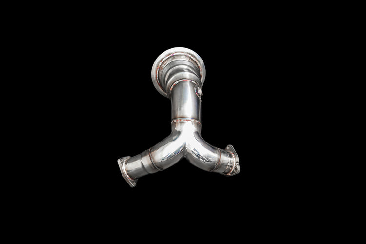 A front wide view of IPE SS Catted Downpipe (Non-OPF Version) for Audi S4 B9 / S5 F5 2017-2025 with white background